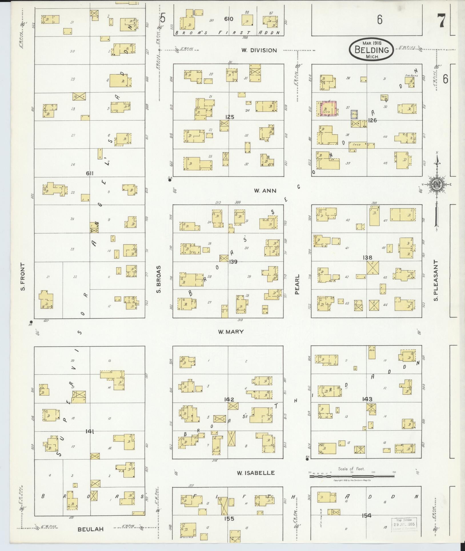 Sanborn Fire Insurance Map from Belding, Ionia County, Michigan (1918), Sheet #0007 - Historic Sanborn Fire Insurance Map Print, vintage old map wall art, antique decor, genealogy gift, Michigan Michigan map