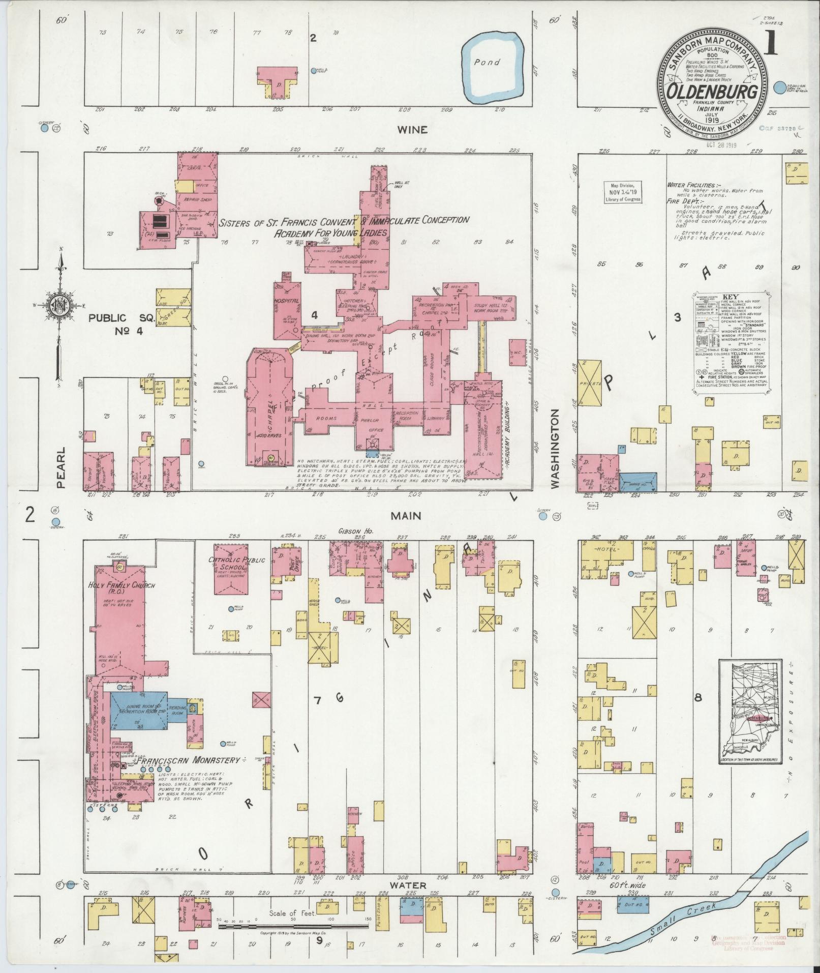 Sanborn Fire Insurance Map from Oldenburg, Franklin County, Indiana (1919), Sheet #0001 - Complete Map Set gallery image, historic Sanborn map, vintage wall art, Indiana Indiana