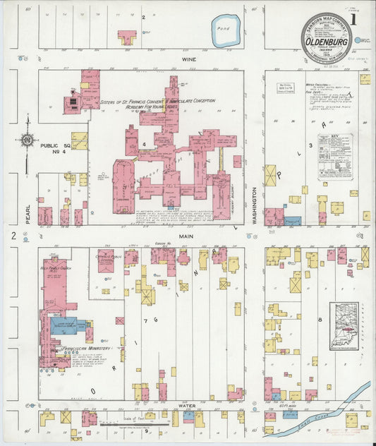 Sanborn Fire Insurance Map from Oldenburg, Franklin County, Indiana (1919), Sheet #0001 - Complete Map Set gallery image, historic Sanborn map, vintage wall art, Indiana Indiana