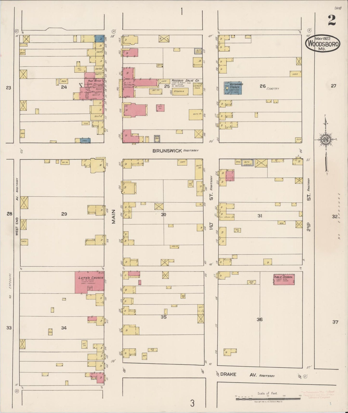 Sanborn Fire Insurance Map from Woodsboro, Frederick County, Maryland (1922), Sheet #0002 - Historic Sanborn Fire Insurance Map Print, vintage old map wall art
