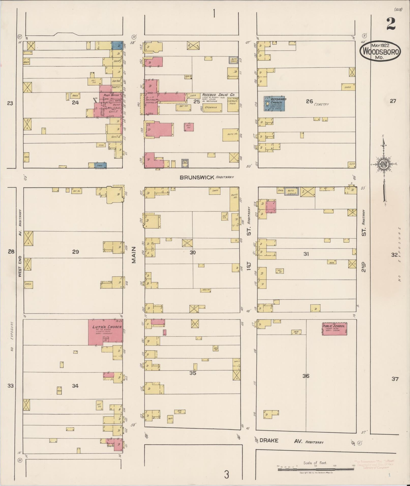 Sanborn Fire Insurance Map from Woodsboro, Frederick County, Maryland (1922), Sheet #0002 - Historic Sanborn Fire Insurance Map Print, vintage old map wall art