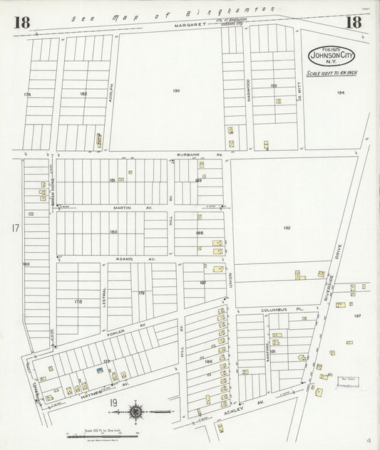 Sanborn Fire Insurance Map from Johnson City, Broome County, New York (1925), Sheet #0018 - Historic Sanborn Fire Insurance Map Print, vintage old map wall art, antique decor, genealogy gift, New York New York map