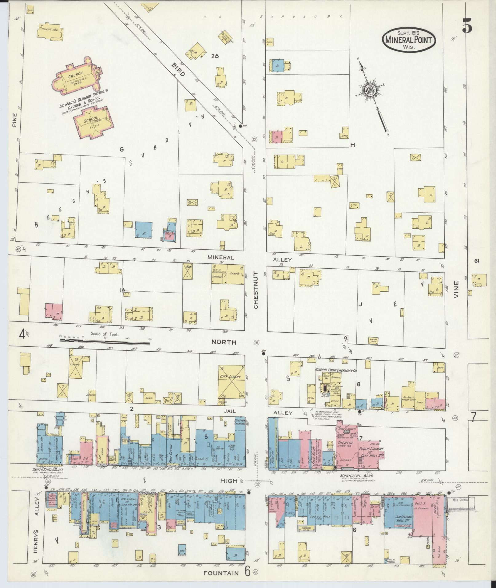 Sanborn Fire Insurance Map from Mineral Point, Iowa County, Wisconsin (1915), Sheet #0005 - Historic Sanborn Fire Insurance Map Print, vintage old map wall art, antique decor, genealogy gift, Wisconsin Wisconsin map