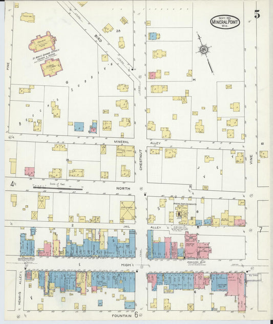 Sanborn Fire Insurance Map from Mineral Point, Iowa County, Wisconsin (1915), Sheet #0005 - Historic Sanborn Fire Insurance Map Print, vintage old map wall art, antique decor, genealogy gift, Wisconsin Wisconsin map