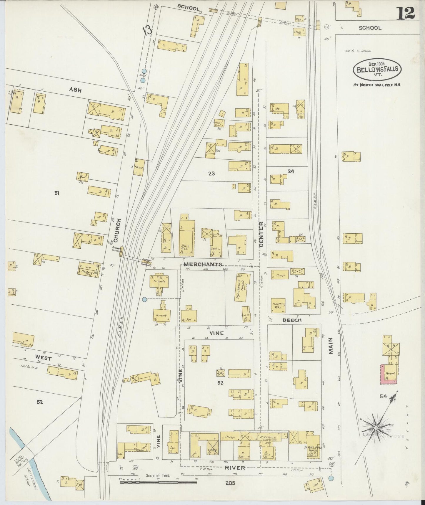 Sanborn Fire Insurance Map from Bellows Falls, Windham County, Vermont (1906), Sheet #0012 - Complete Map Set gallery image, historic Sanborn map, vintage wall art, Vermont Vermont