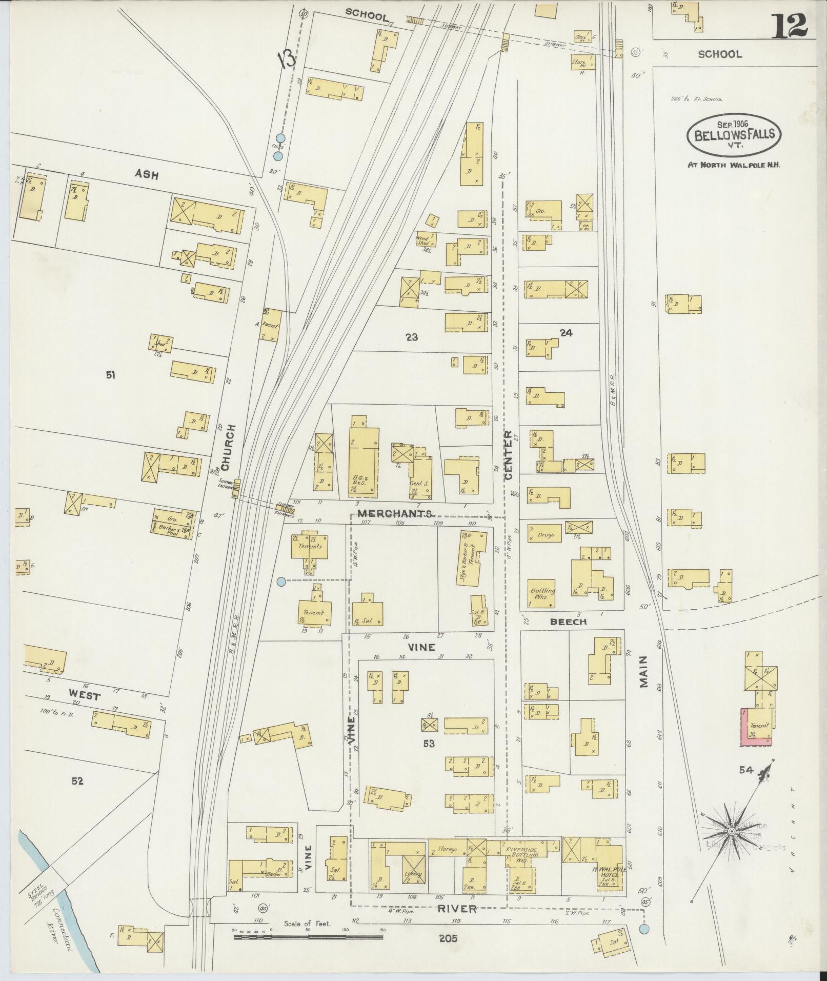 Sanborn Fire Insurance Map from Bellows Falls, Windham County, Vermont (1906), Sheet #0012 - Complete Map Set gallery image, historic Sanborn map, vintage wall art, Vermont Vermont