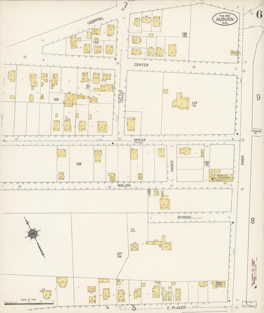 Sanborn Fire Insurance Map from Auburn, Placer County, California (1912), Sheet #0006 - Historic Sanborn Fire Insurance Map Print, vintage old map wall art, antique decor, genealogy gift, California California map