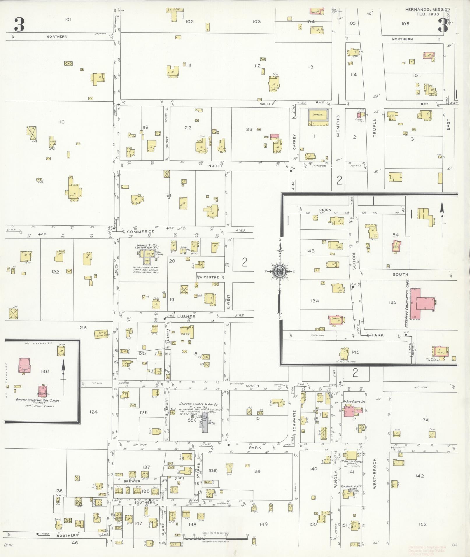 Sanborn Fire Insurance Map from Hernando, De Soto County, Mississippi (1936), Sheet #0003 - Complete Map Set gallery image, historic Sanborn map, vintage wall art, Mississippi Mississippi