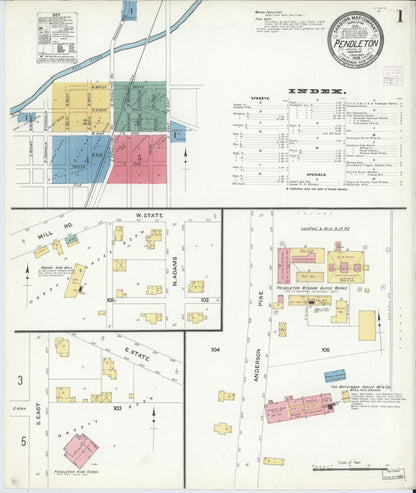 Sanborn Fire Insurance Map from Pendleton, Madison County, Indiana (1908), Sheet #0001 - Complete Map Set gallery image, historic Sanborn map, vintage wall art, Indiana Indiana