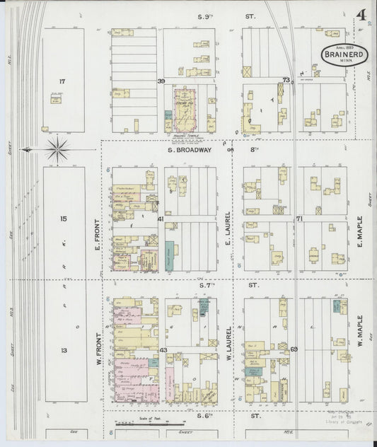 Sanborn Fire Insurance Map from Brainerd, Crow Wing County, Minnesota (1889), Sheet #0004 - Historic Sanborn Fire Insurance Map Print, vintage old map wall art, antique decor, genealogy gift, Minnesota Minnesota map