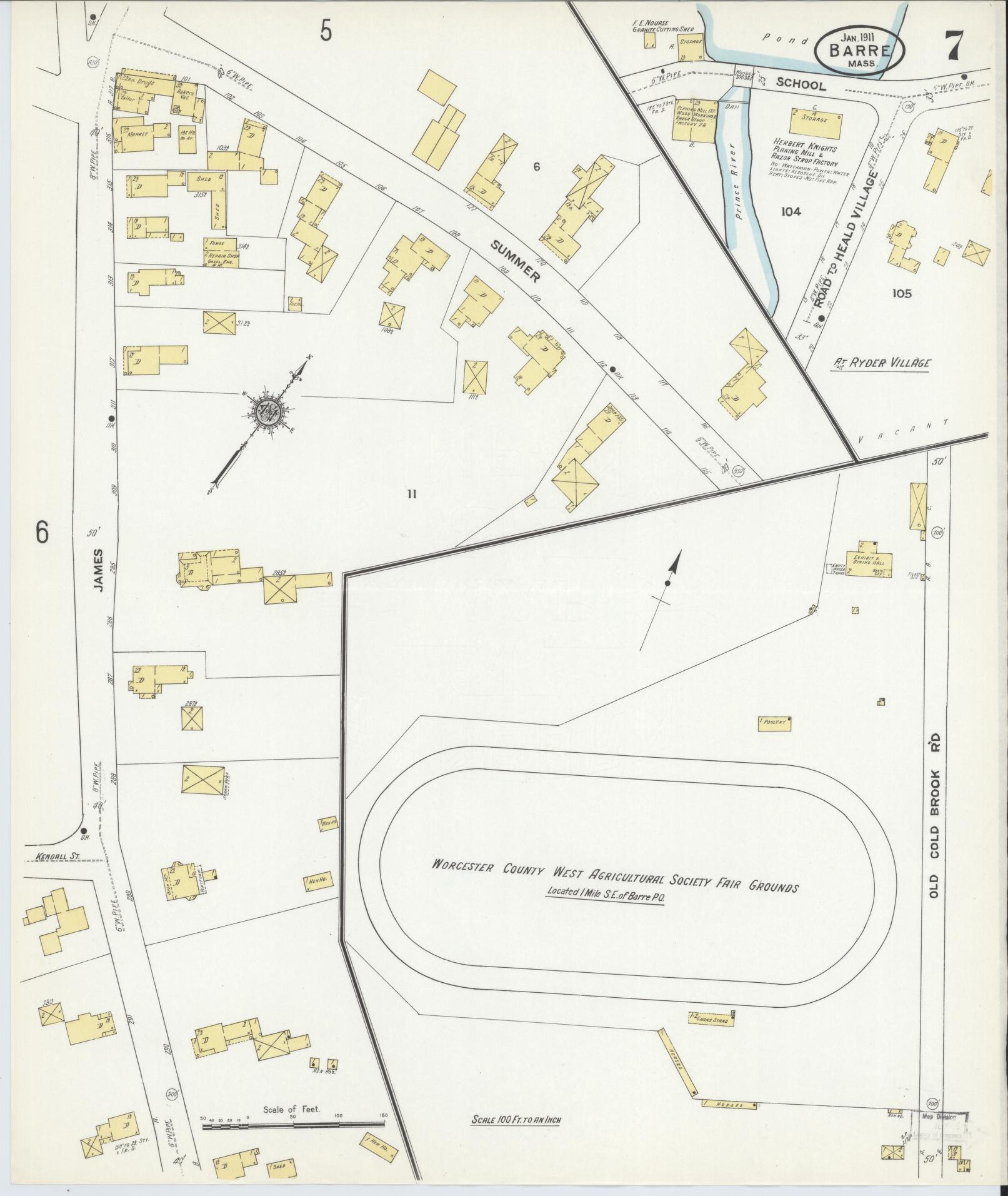 Sanborn Fire Insurance Map from Barre, Worcester County, Massachusetts (1911), Sheet #0007 - Historic Sanborn Fire Insurance Map Print, vintage old map wall art, antique decor, genealogy gift, Massachusetts Massachusetts map