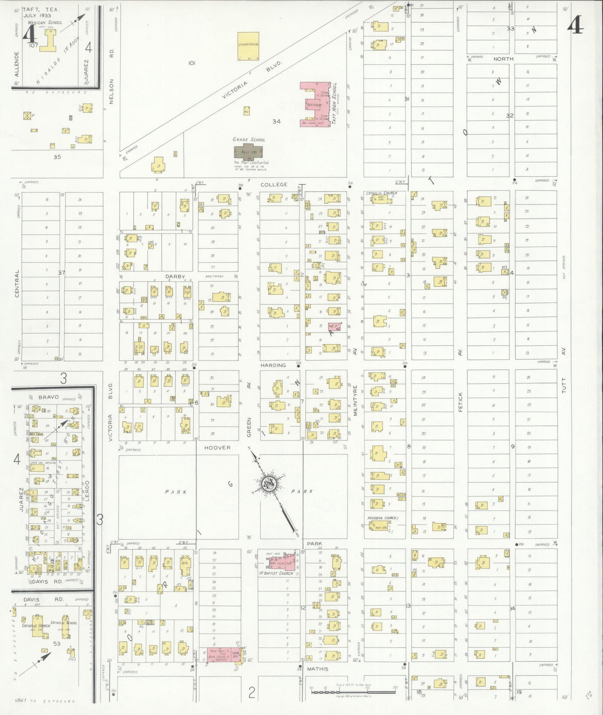 Sanborn Fire Insurance Map from Taft, San Patricio County, Texas (1933), Sheet #0004 - Complete Map Set gallery image, historic Sanborn map, vintage wall art, Texas Texas
