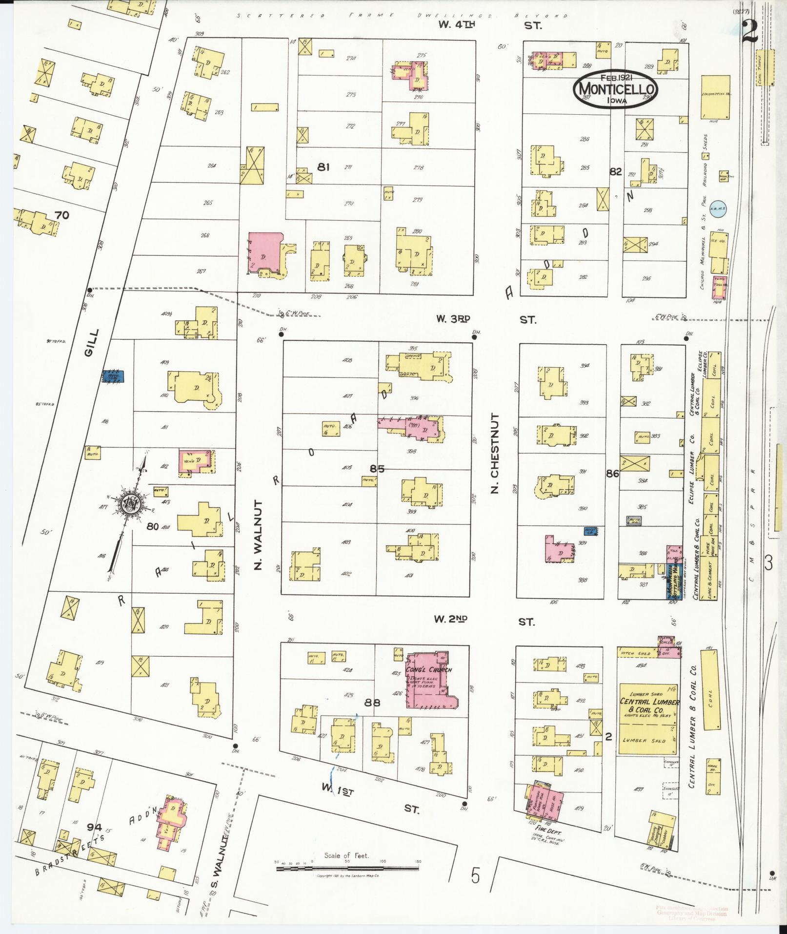 Sanborn Fire Insurance Map from Monticello, Jones County, Iowa (1921), Sheet #0002 - Historic Sanborn Fire Insurance Map Print, vintage old map wall art