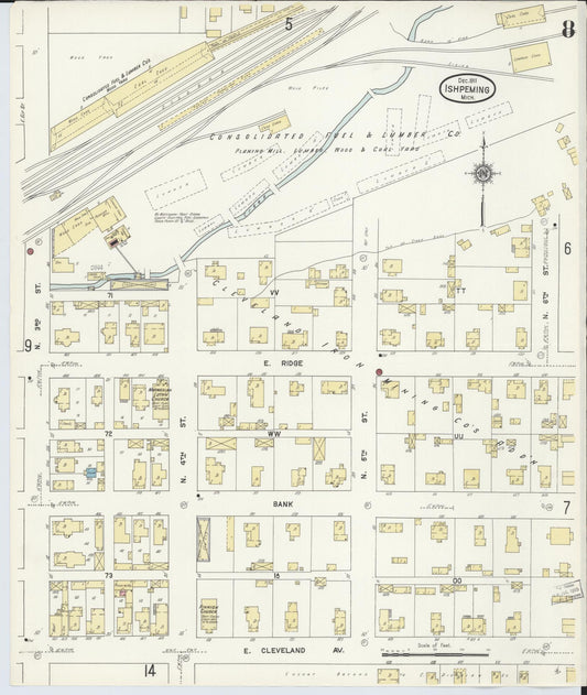 Sanborn Fire Insurance Map from Ishpeming, Marquette County, Michigan (1911), Sheet #0008 - Historic Sanborn Fire Insurance Map Print, vintage old map wall art, antique decor, genealogy gift, Michigan Michigan map