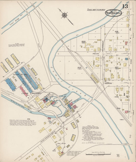 Sanborn Fire Insurance Map from New Braunfels, Comal County, Texas (1922), Sheet #0013 - Historic Sanborn Fire Insurance Map Print, vintage old map wall art, antique decor, genealogy gift, Texas Texas map