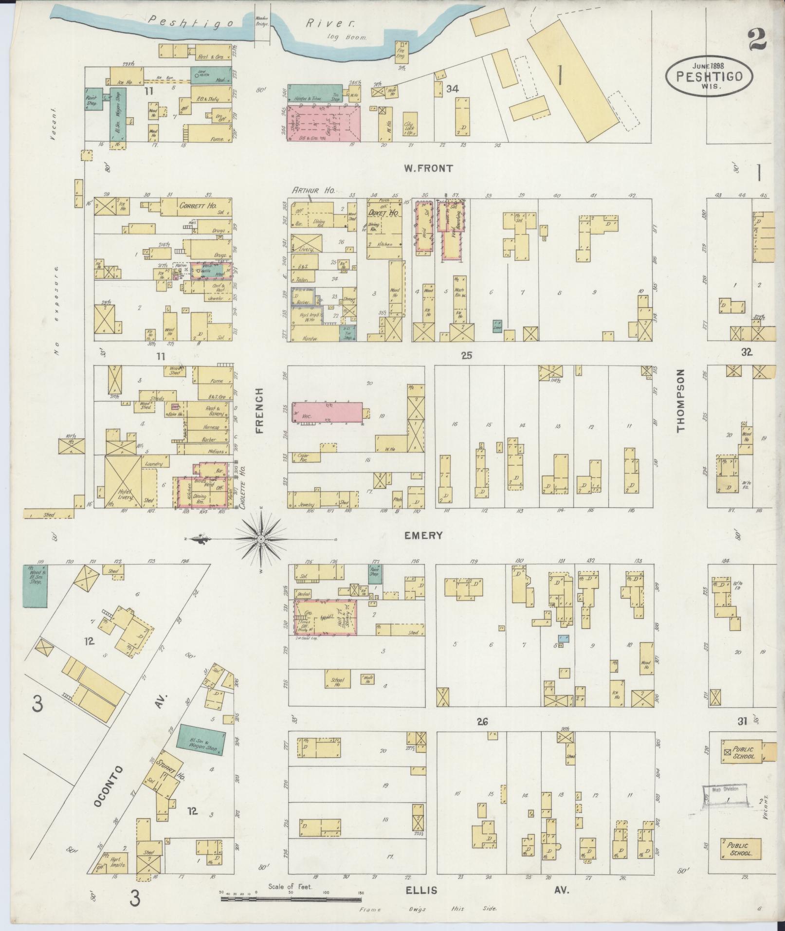 Sanborn Fire Insurance Map from Peshtigo, Marinette County, Wisconsin (1898), Sheet #0002 - Historic Sanborn Fire Insurance Map Print, vintage old map wall art, antique decor, genealogy gift, Wisconsin Wisconsin map