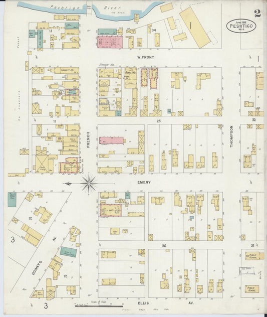 Sanborn Fire Insurance Map from Peshtigo, Marinette County, Wisconsin (1898), Sheet #0002 - Historic Sanborn Fire Insurance Map Print, vintage old map wall art, antique decor, genealogy gift, Wisconsin Wisconsin map