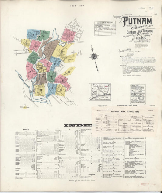 Sanborn Fire Insurance Map from Putnam, Windham County, Connecticut (1945), Sheet #0001 - Historic Sanborn Fire Insurance Map Print, vintage old map wall art, antique decor, genealogy gift, Connecticut Connecticut map