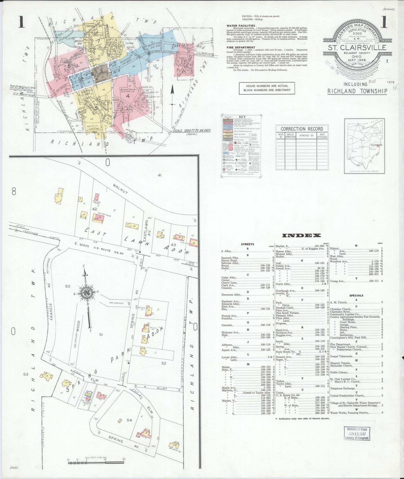 Sanborn Fire Insurance Map from Saint Clairsville, Belmont County, Ohio (1946), Sheet #0001 - Complete Map Set gallery image, historic Sanborn map, vintage wall art, Ohio Ohio