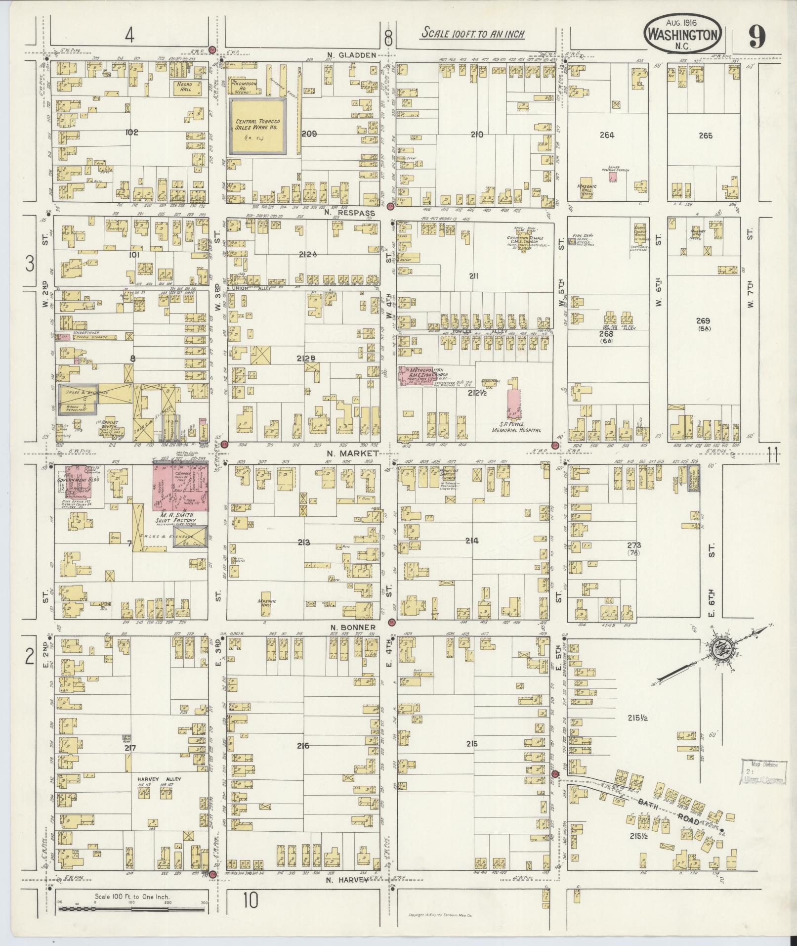 Sanborn Fire Insurance Map from Washington, Beaufort County, North Carolina (1916), Sheet #0009 - Historic Sanborn Fire Insurance Map Print, vintage old map wall art, antique decor, genealogy gift, Washington Washington map