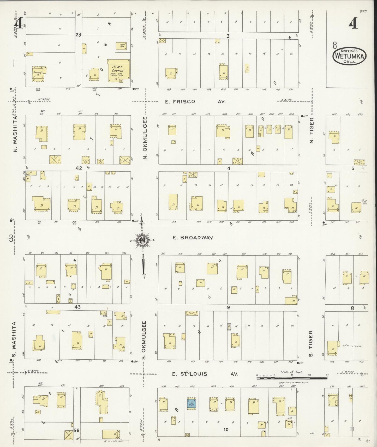Sanborn Fire Insurance Map from Wetumka, Hughes County, Oklahoma (1925), Sheet #0004 - Historic Sanborn Fire Insurance Map Print, vintage old map wall art, antique decor, genealogy gift, Oklahoma Oklahoma map