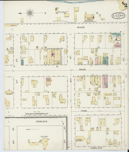 Sanborn Fire Insurance Map from Evart, Osceola County, Michigan (1893), Sheet #0002 - Historic Sanborn Fire Insurance Map Print, vintage old map wall art, antique decor, genealogy gift, Michigan Michigan map