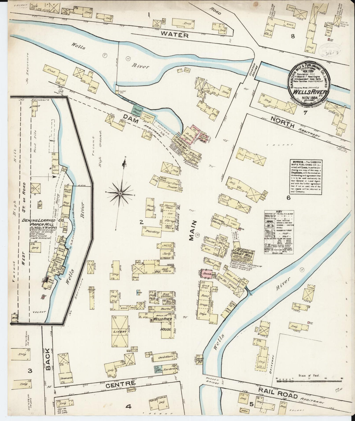 Sanborn Fire Insurance Map from Wells River, Orange County, Vermont (1884), Sheet #0001 - Historic Sanborn Fire Insurance Map Print, vintage old map wall art, antique decor, genealogy gift, Vermont Vermont map