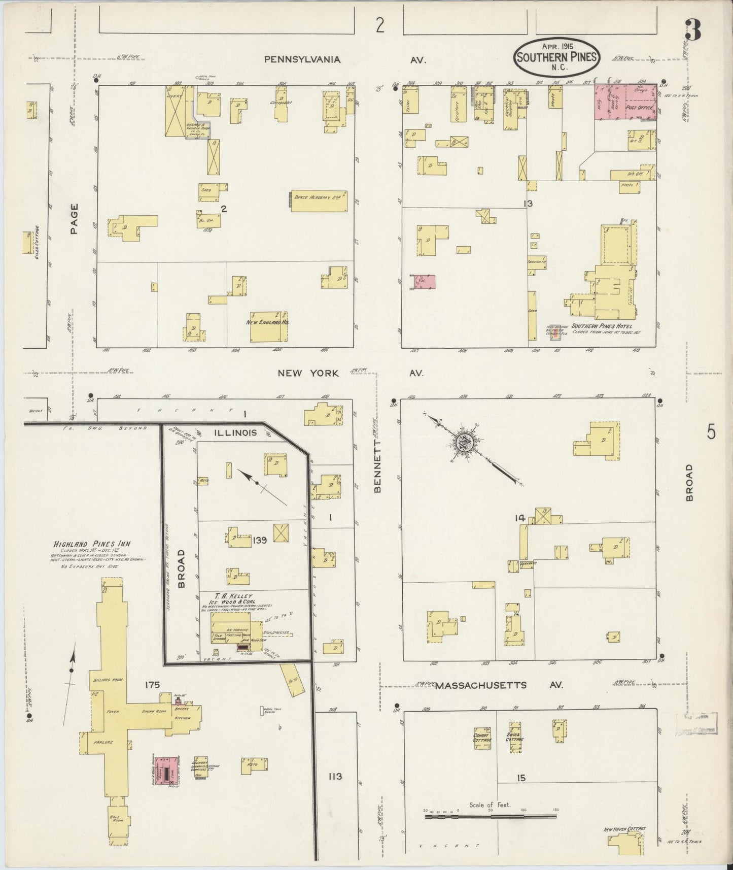 Sanborn Fire Insurance Map from Southern Pines, Moore County, North Carolina (1915), Sheet #0003 - Complete Map Set gallery image, historic Sanborn map, vintage wall art, North Carolina North Carolina