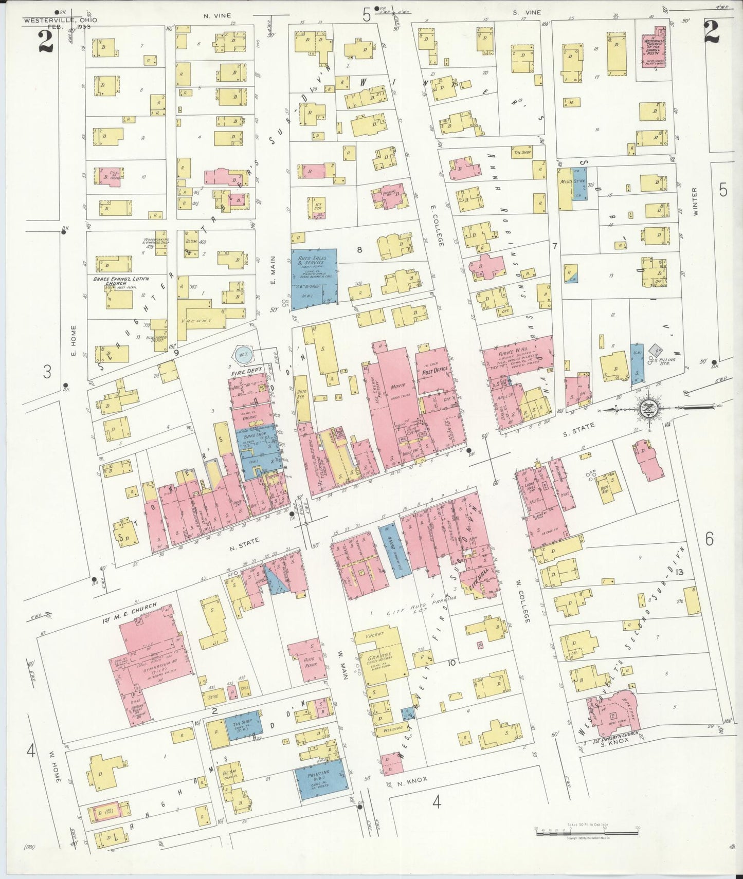 Sanborn Fire Insurance Map from Westerville, Franklin County, Ohio (1933), Sheet #0002 - Complete Map Set gallery image, historic Sanborn map, vintage wall art, Ohio Ohio