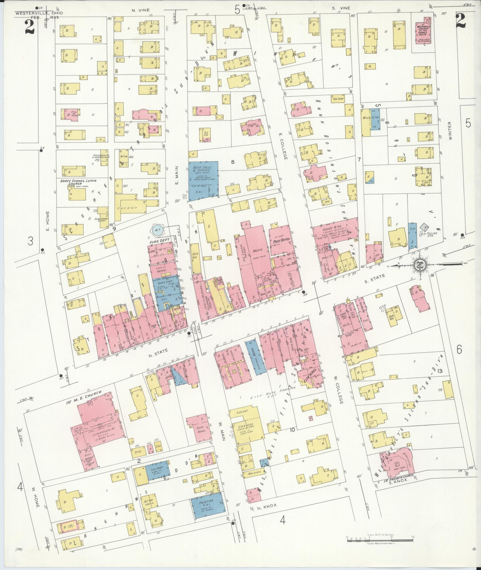 Sanborn Fire Insurance Map from Westerville, Franklin County, Ohio (1933), Sheet #0002 - Complete Map Set gallery image, historic Sanborn map, vintage wall art, Ohio Ohio