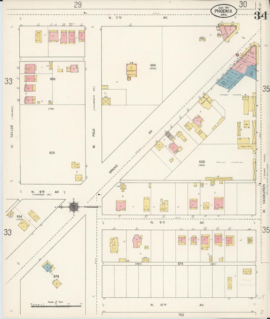 Sanborn Fire Insurance Map from Phoenix, Maricopa County, Arizona (1911), Sheet #0034 - Historic Sanborn Fire Insurance Map Print, vintage old map wall art, antique decor, genealogy gift, Arizona Arizona map