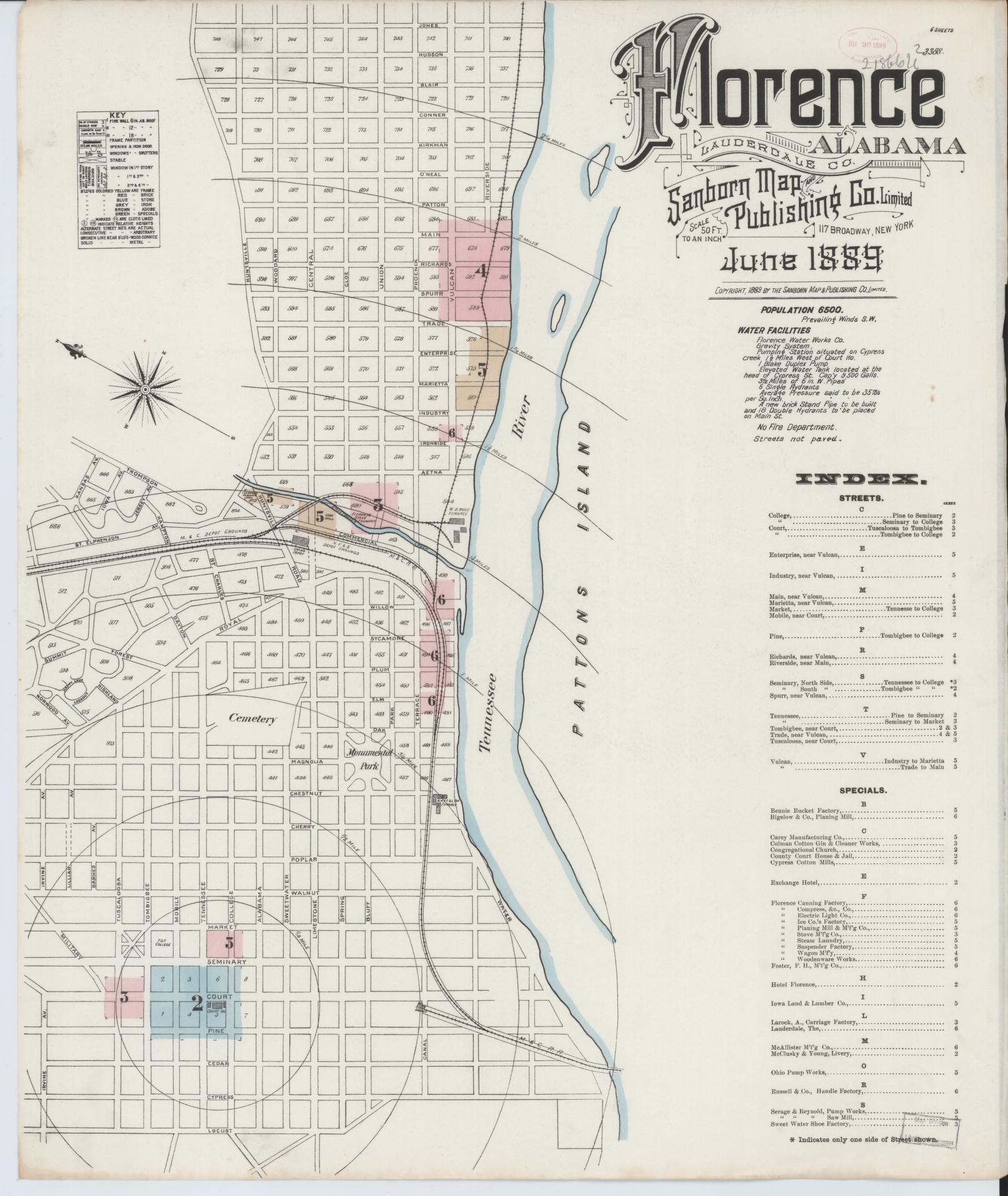 Sanborn Fire Insurance Map from Florence, Lauderdale County, Alabama (1889), Sheet #0001 - Historic Sanborn Fire Insurance Map Print, vintage old map wall art, antique decor, genealogy gift, Alabama Alabama map
