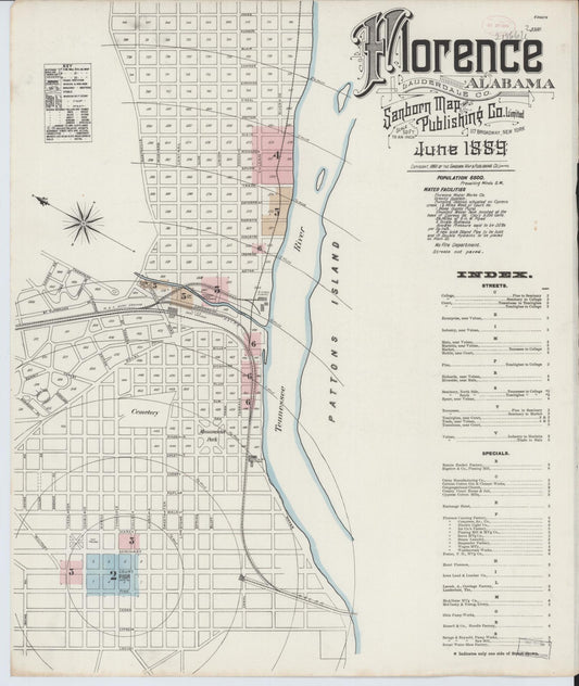 Sanborn Fire Insurance Map from Florence, Lauderdale County, Alabama (1889), Sheet #0001 - Historic Sanborn Fire Insurance Map Print, vintage old map wall art, antique decor, genealogy gift, Alabama Alabama map
