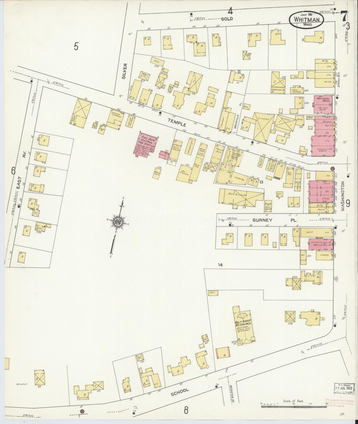 Sanborn Fire Insurance Map from Whitman, Plymouth County, Massachusetts (1911), Sheet #0007 - Historic Sanborn Fire Insurance Map Print, vintage old map wall art, antique decor, genealogy gift, Massachusetts Massachusetts map