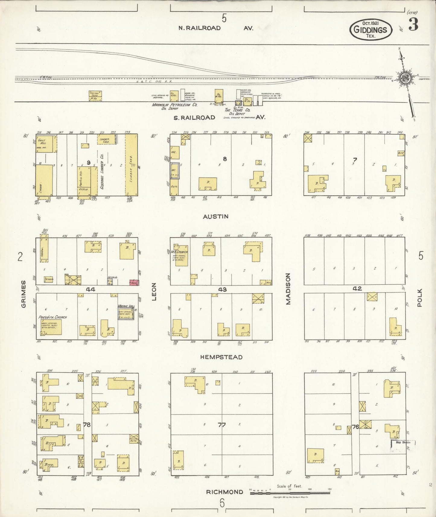 Sanborn Fire Insurance Map from Giddings, Lee County, Texas (1921), Sheet #0003 - Complete Map Set gallery image, historic Sanborn map, vintage wall art, Texas Texas
