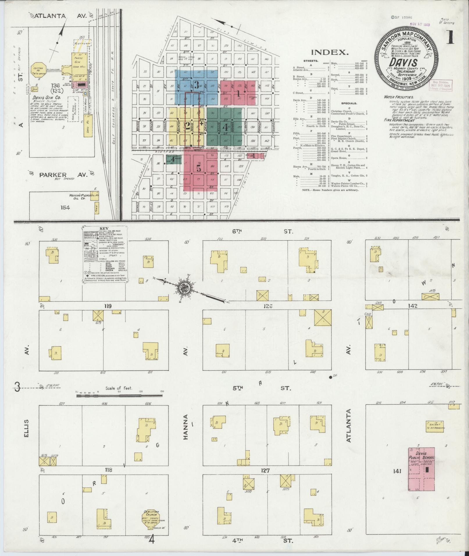 Sanborn Fire Insurance Map from Davis, Murray County, Oklahoma (1909), Sheet #0001 - Historic Sanborn Fire Insurance Map Print, vintage old map wall art, antique decor, genealogy gift, Oklahoma Oklahoma map