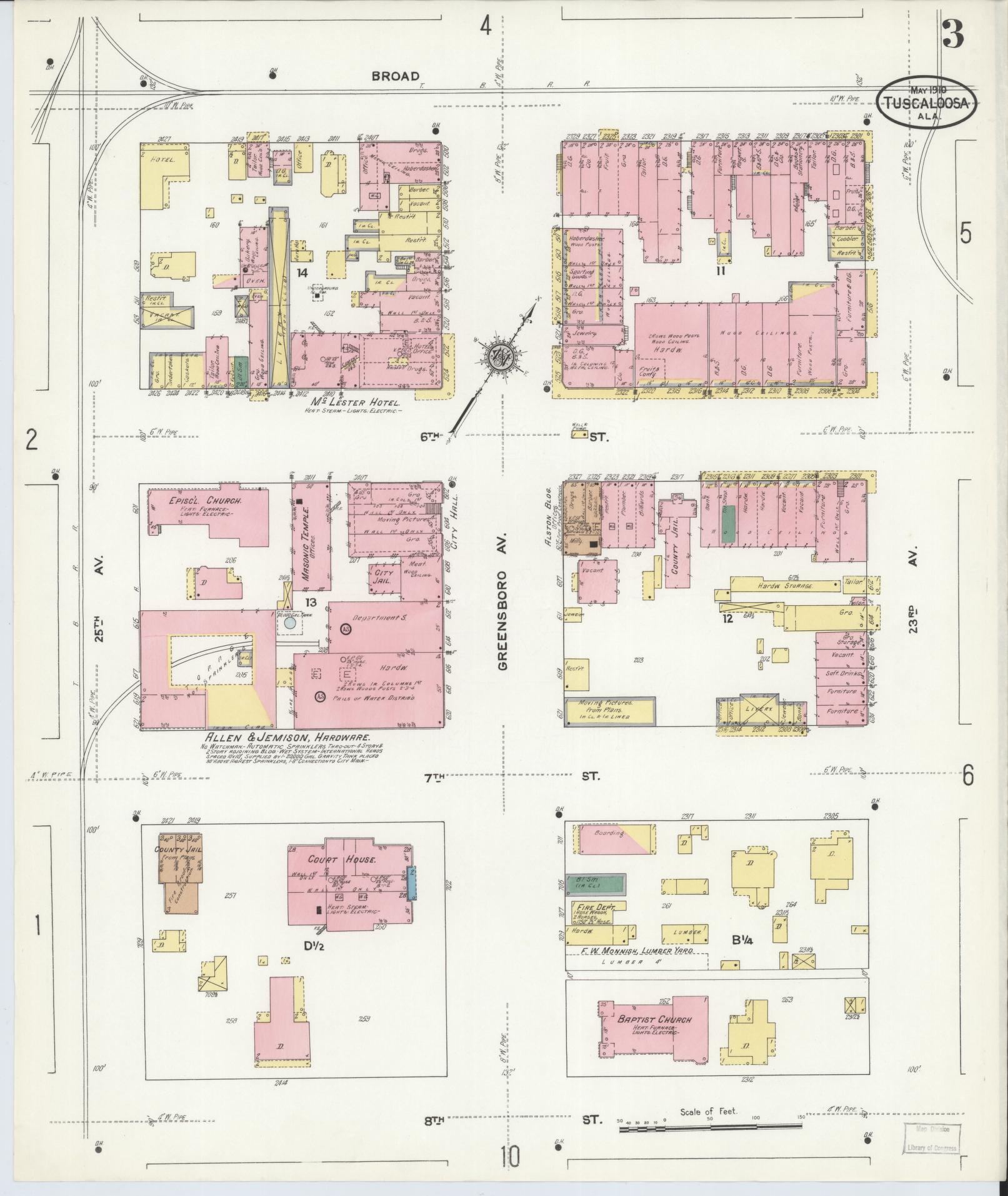 Sanborn Fire Insurance Map from Tuscaloosa, Tuscaloosa County, Alabama (1910), Sheet #0003 - Complete Map Set gallery image, historic Sanborn map, vintage wall art, Alabama Alabama