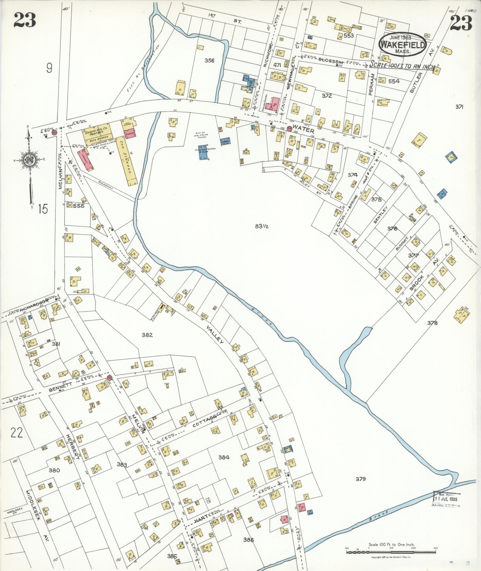 Sanborn Fire Insurance Map from Wakefield, Middlesex County, Massachusetts (1923), Sheet #0023 - Complete Map Set gallery image, historic Sanborn map, vintage wall art, Massachusetts Massachusetts