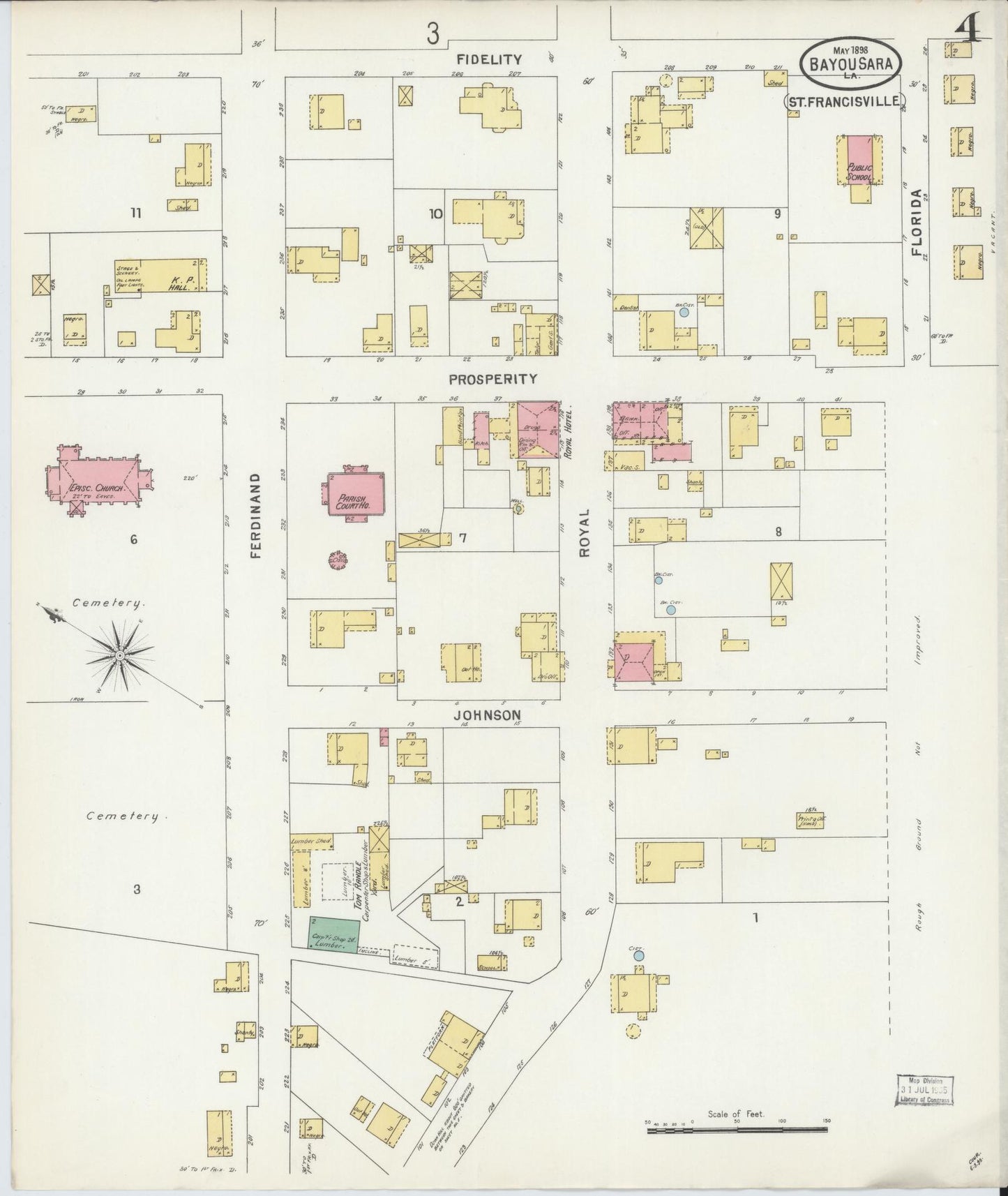 Sanborn Fire Insurance Map from Bayou Sara, West Feliciana Parish, Louisiana (1898), Sheet #0004 - Complete Map Set gallery image, historic Sanborn map, vintage wall art, Louisiana Louisiana