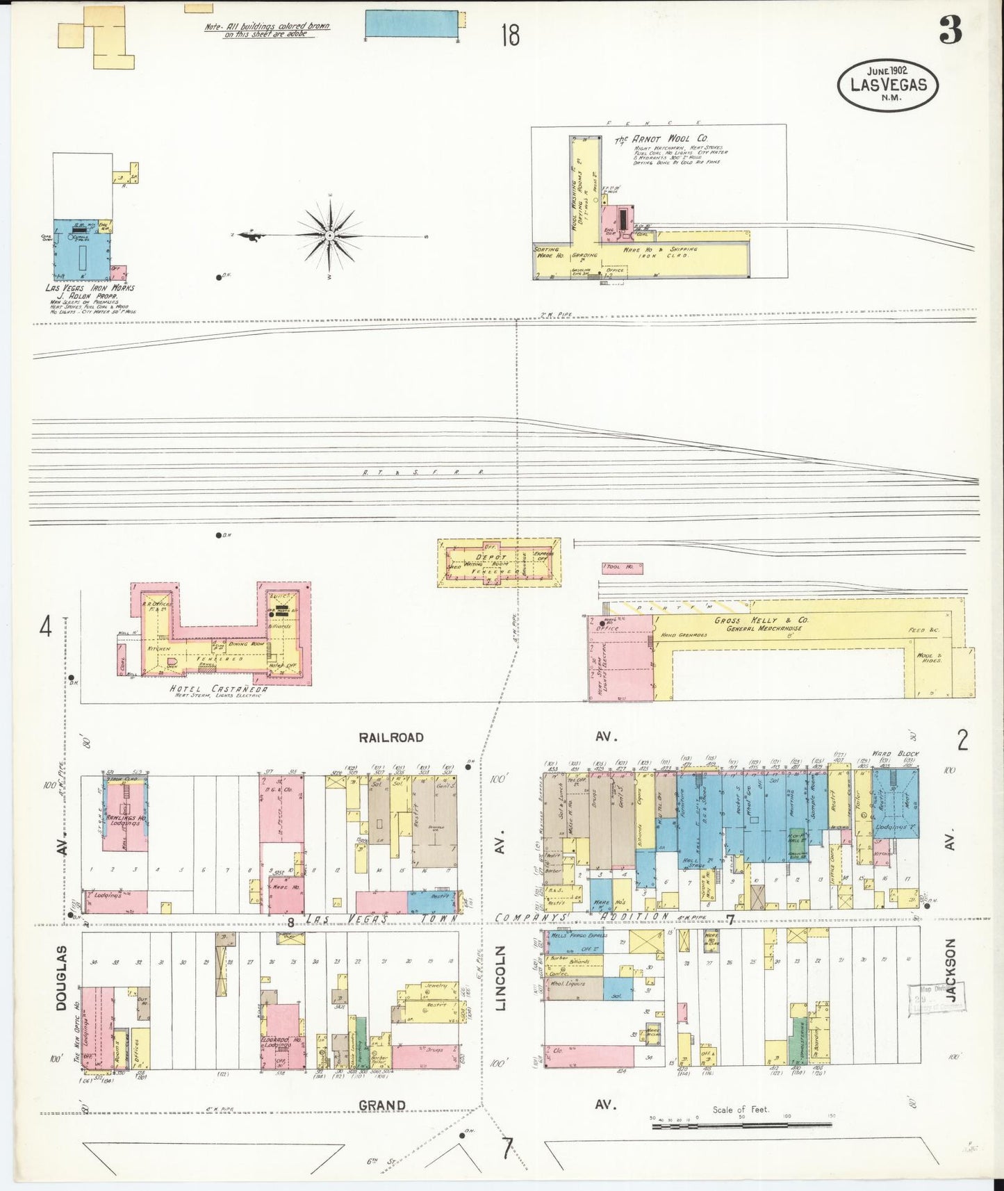 Sanborn Fire Insurance Map from Las Vegas, San Miguel County, New Mexico (1902), Sheet #0003 - Complete Map Set gallery image, historic Sanborn map, vintage wall art, New Mexico New Mexico