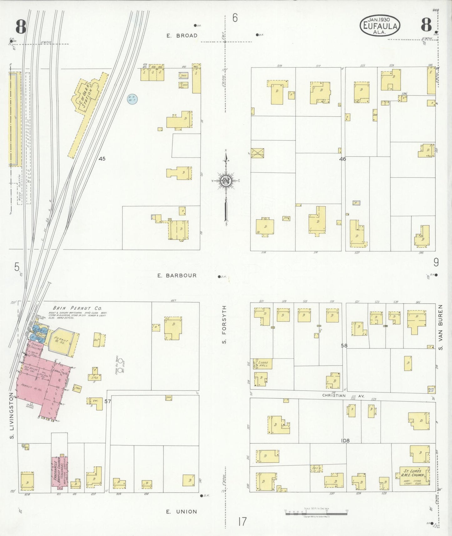 Sanborn Fire Insurance Map from Eufaula, Barbour County, Alabama (1930), Sheet #0008 - Historic Sanborn Fire Insurance Map Print, vintage old map wall art, antique decor, genealogy gift, Alabama Alabama map