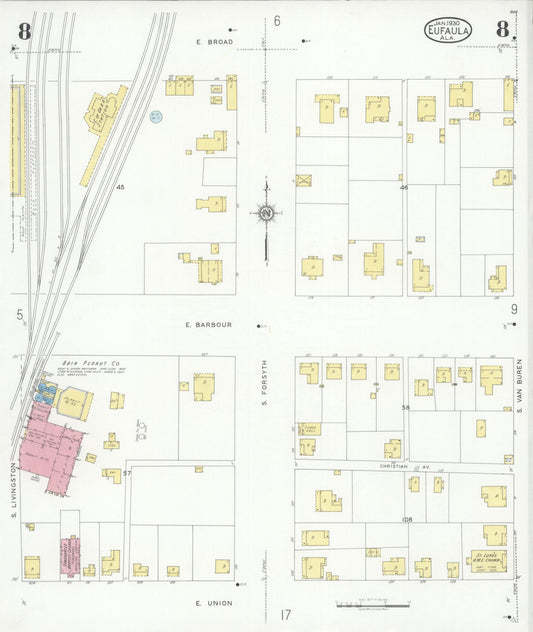 Sanborn Fire Insurance Map from Eufaula, Barbour County, Alabama (1930), Sheet #0008 - Historic Sanborn Fire Insurance Map Print, vintage old map wall art, antique decor, genealogy gift, Alabama Alabama map