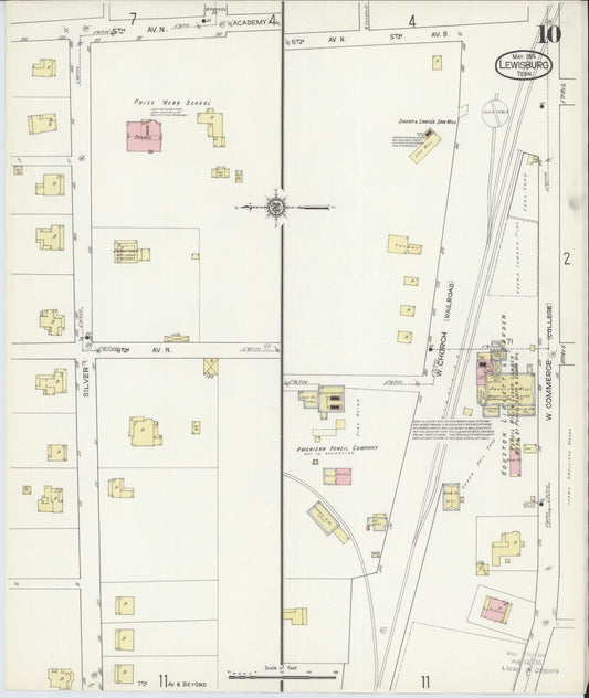 Sanborn Fire Insurance Map from Lewisburg, Marshall County, Tennessee (1914), Sheet #0010 - Historic Sanborn Fire Insurance Map Print, vintage old map wall art, antique decor, genealogy gift, Tennessee Tennessee map