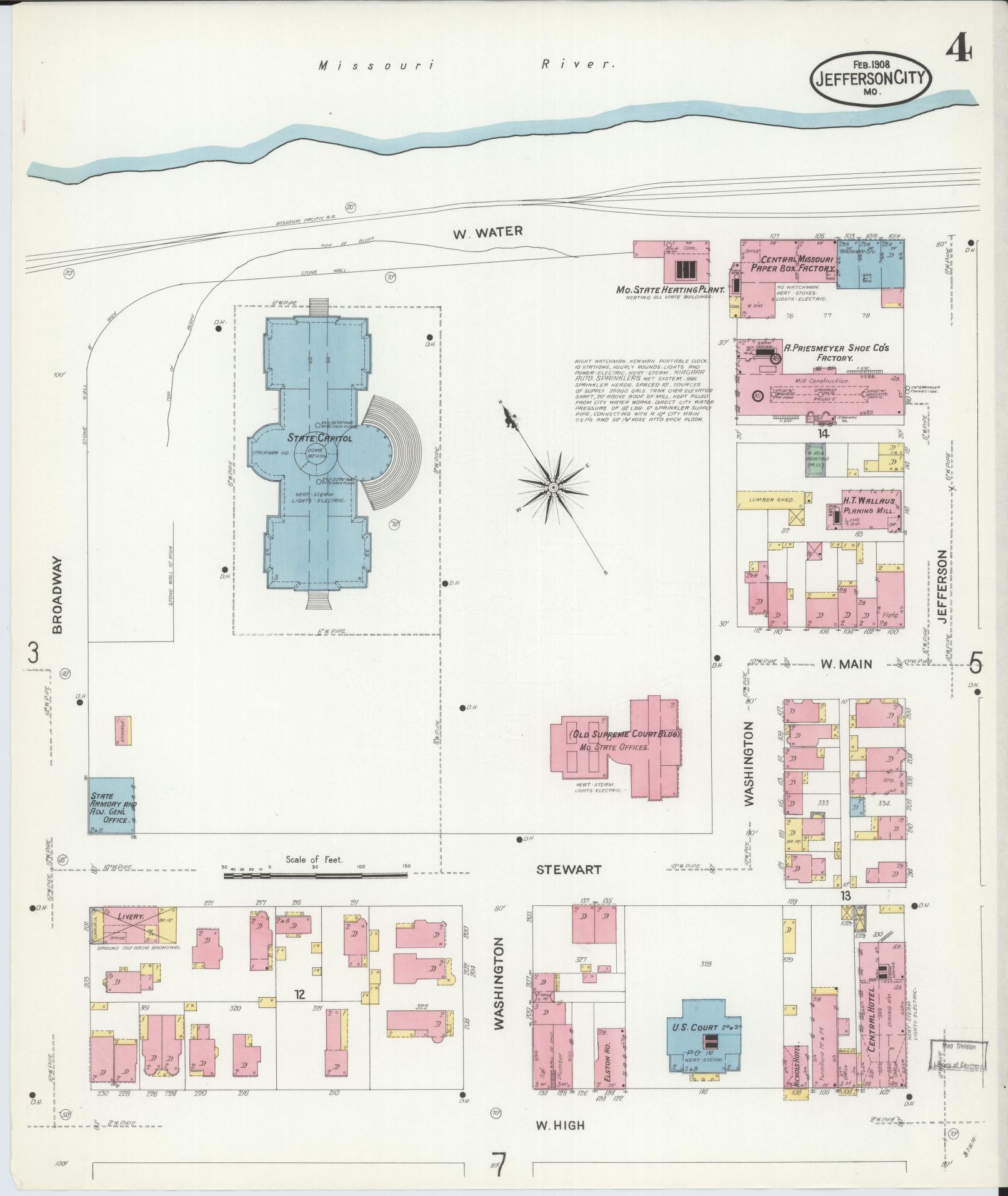 Sanborn Fire Insurance Map from Jefferson City, Cole County, Missouri (1908), Sheet #0004 - Historic Sanborn Fire Insurance Map Print, vintage old map wall art, antique decor, genealogy gift, Missouri Missouri map