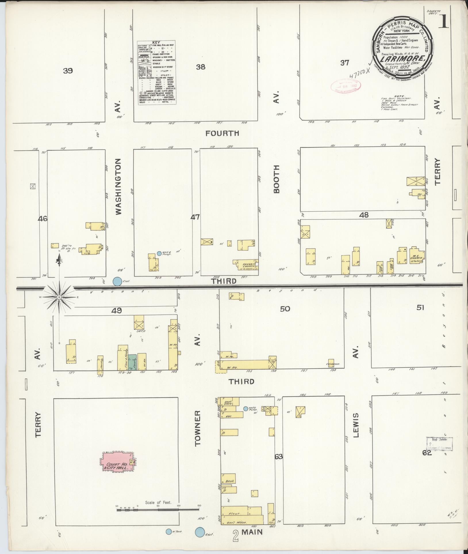Sanborn Fire Insurance Map from Larimore, Grand Forks County, North Dakota (1892), Sheet #0001 - Historic Sanborn Fire Insurance Map Print, vintage old map wall art, antique decor, genealogy gift, North Dakota North Dakota map
