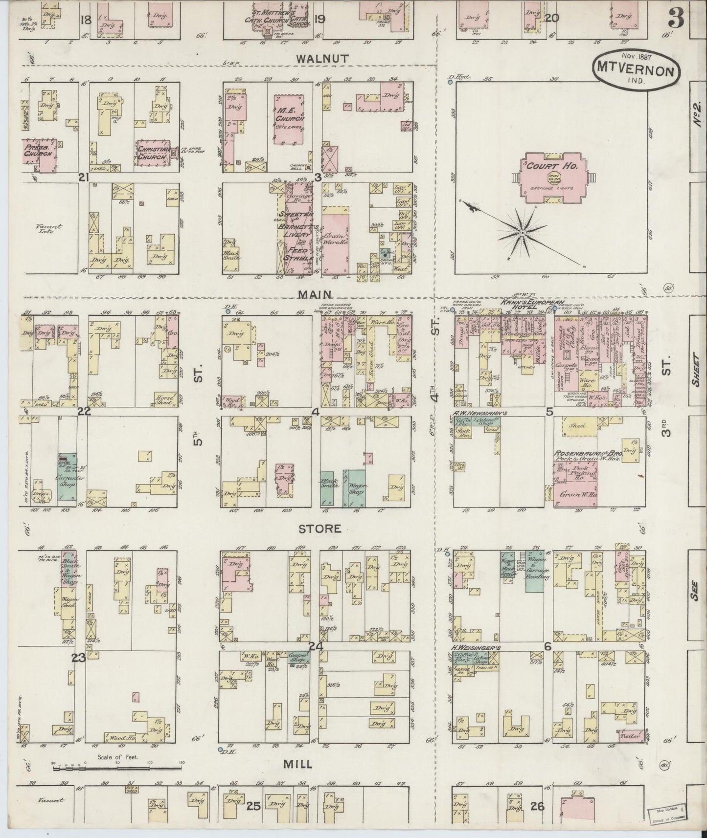 Sanborn Fire Insurance Map from Mount Vernon, Posey County, Indiana (1887), Sheet #0003 - Historic Sanborn Fire Insurance Map Print, vintage old map wall art, antique decor, genealogy gift, Indiana Indiana map