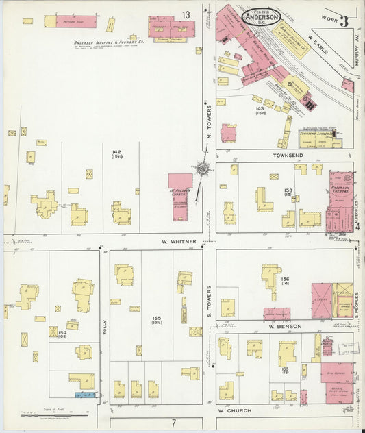 Sanborn Fire Insurance Map from Anderson, Anderson County, South Carolina (1918), Sheet #0003 - Historic Sanborn Fire Insurance Map Print, vintage old map wall art, antique decor, genealogy gift, South Carolina South Carolina map