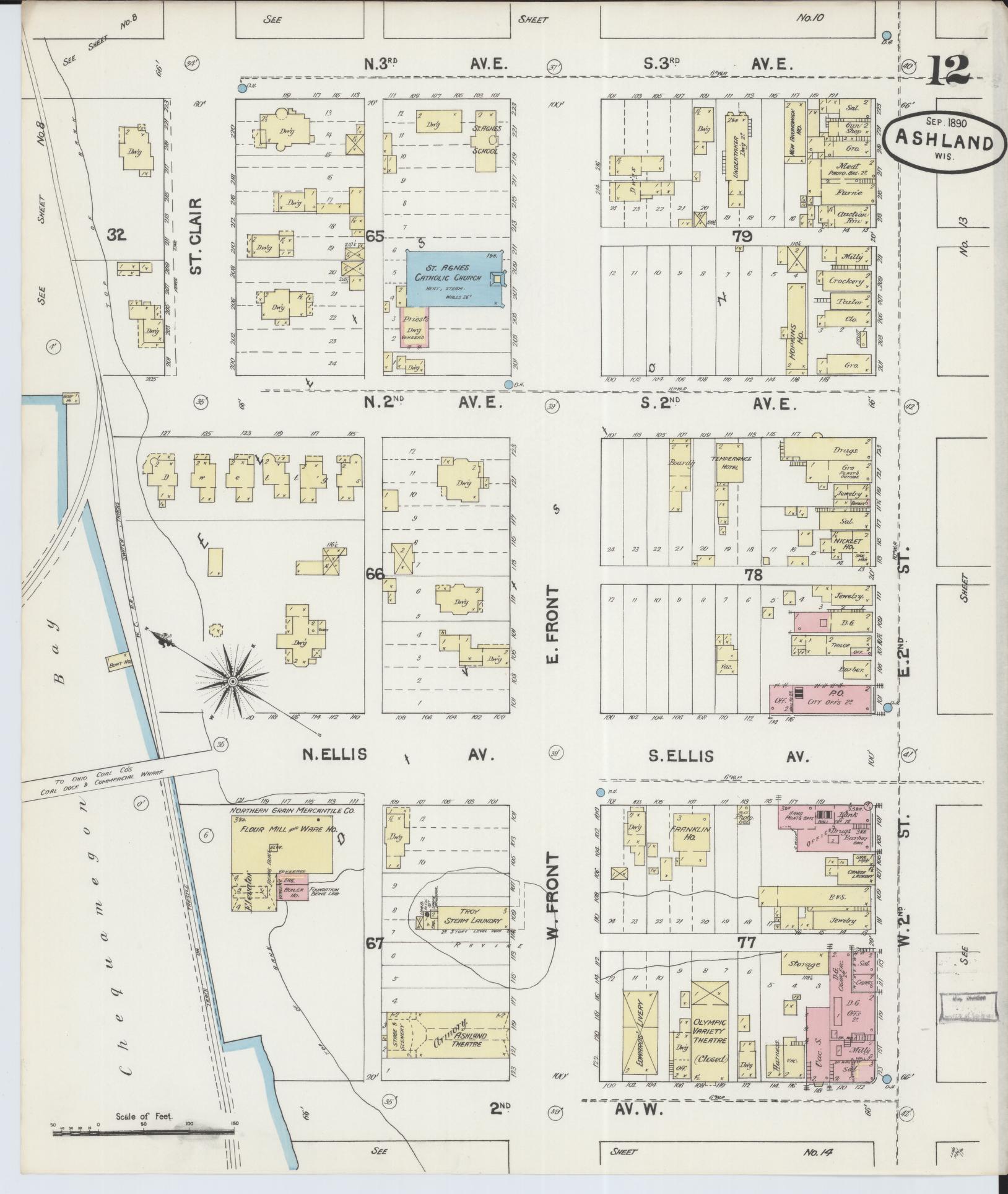 Sanborn Fire Insurance Map from Ashland, Ashland County, Wisconsin (1890), Sheet #0012 - Historic Sanborn Fire Insurance Map Print, vintage old map wall art, antique decor, genealogy gift, Wisconsin Wisconsin map