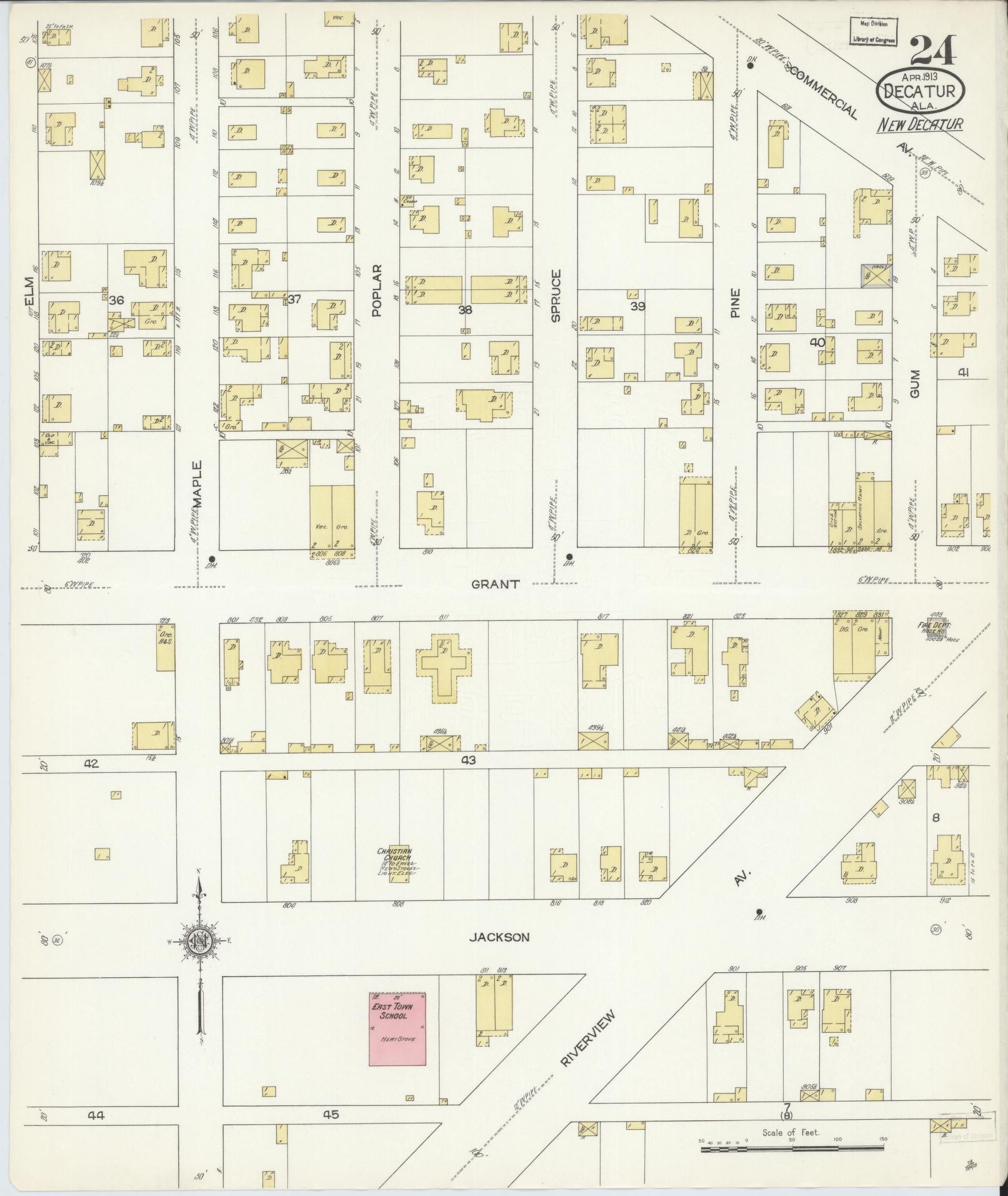 Sanborn Fire Insurance Map from Decatur, Morgan County, Alabama (1913), Sheet #0024 - Historic Sanborn Fire Insurance Map Print, vintage old map wall art, antique decor, genealogy gift, Alabama Alabama map