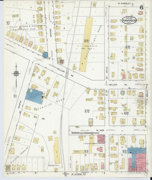 Sanborn Fire Insurance Map from Ann Arbor, Washtenaw County, Michigan (1916), Sheet #0006 - Historic Sanborn Fire Insurance Map Print, vintage old map wall art, antique decor, genealogy gift, Michigan Michigan map
